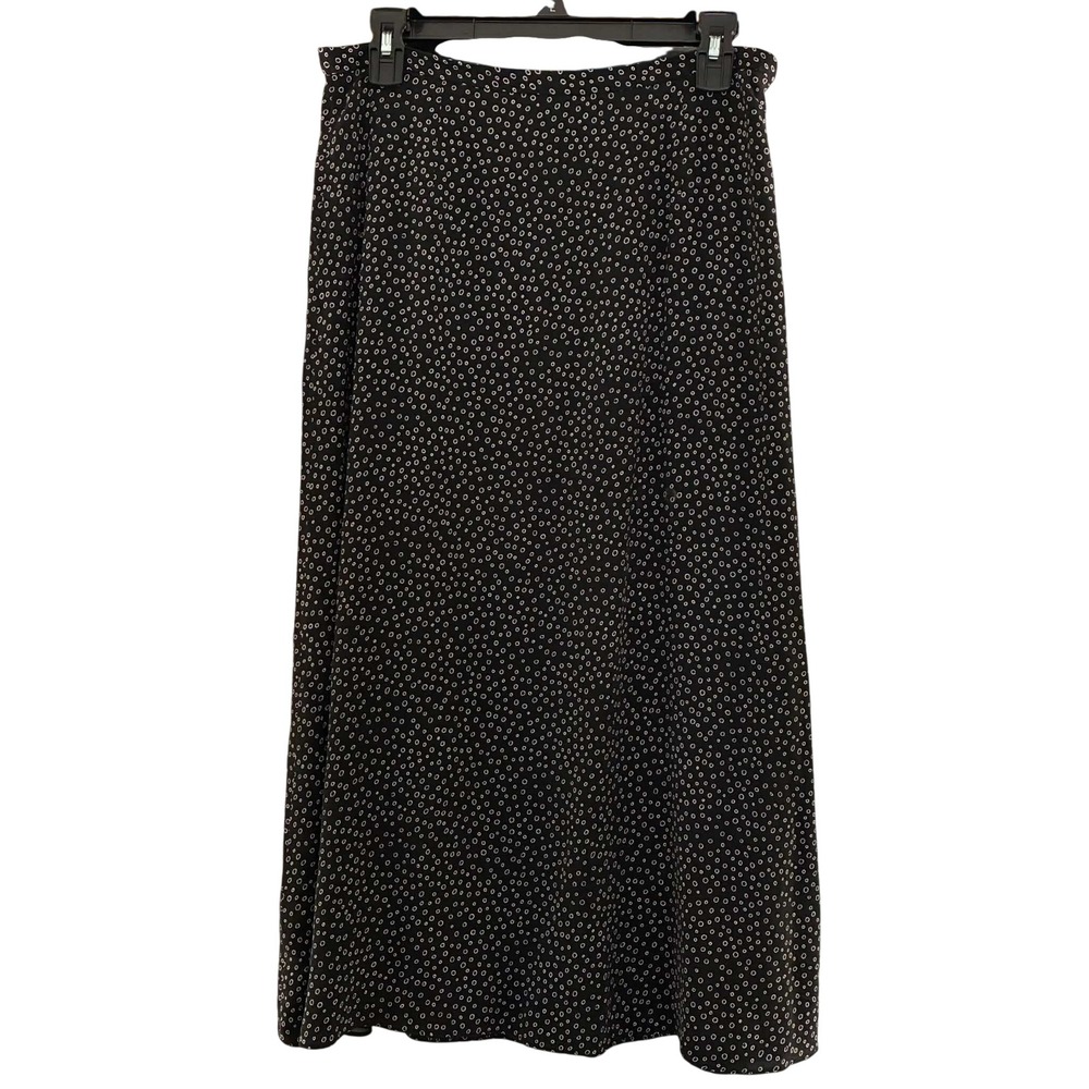Talbots Petites Skirt Womens 10P Black White 100% Silk Circle Print Midi A-Line